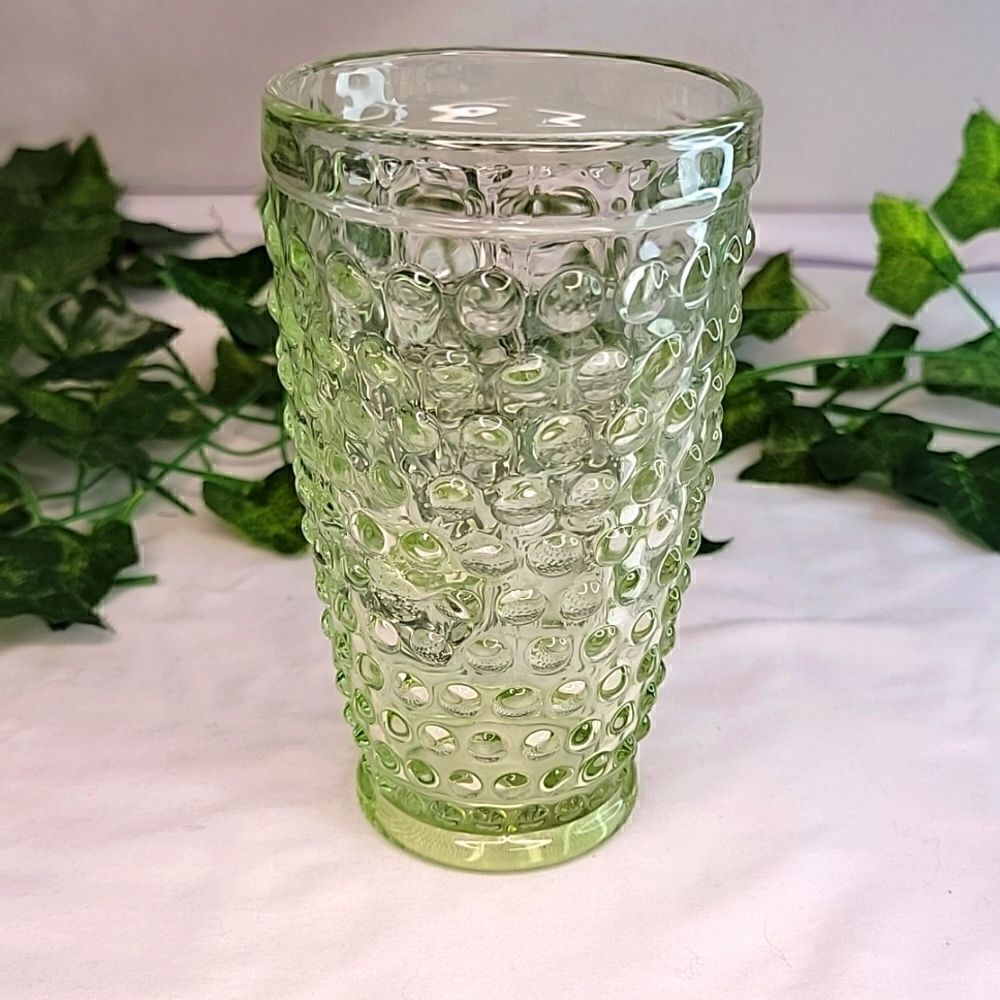 Chauncey Hobnail Tumbler. Green Glass. Handmade. Vintage. 14 oz. Like New